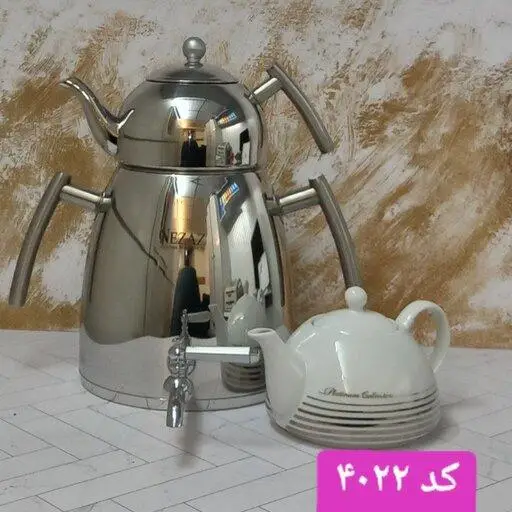 کتری قوری استیل براق نزاز کف چدن مدل 4022b (2 قوری) - Image 2