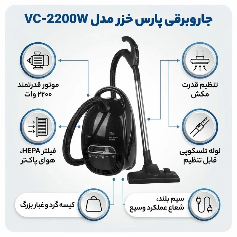 جاروبرقی 2200 وات پارس خزر مدل VC-2200W - Image 2